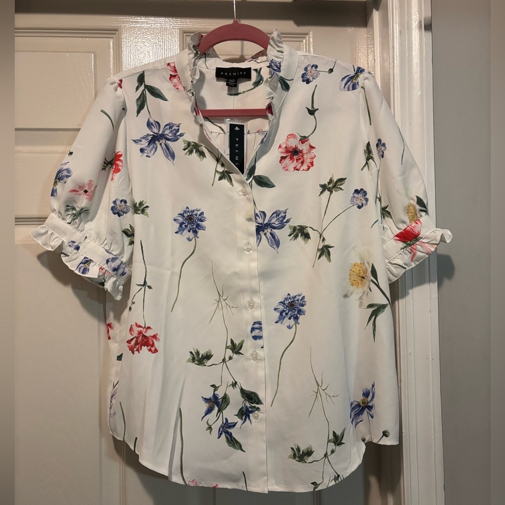 Premise Short Sleeve Floral Ruffle Blouse Top Sz L